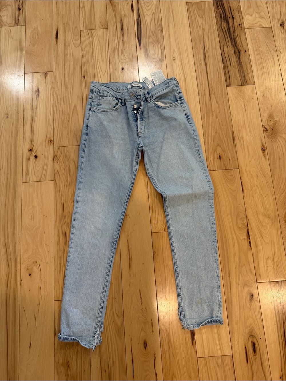 Zara Light Blue Distressed Slim Straight Jeans